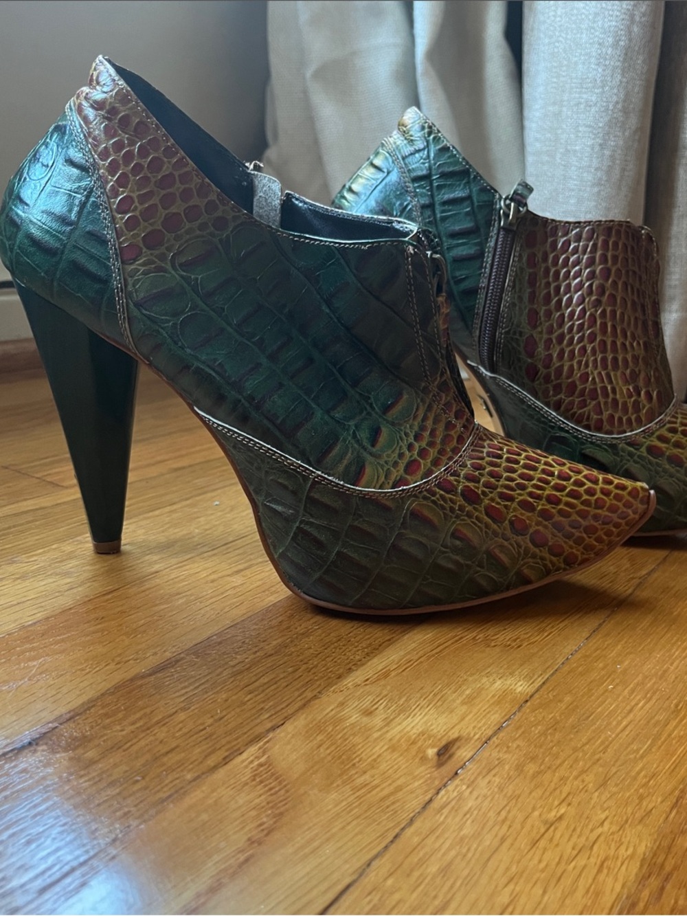 Carmen Steffens Leather Croc-Embossed Pointed Toe High Heel Booties